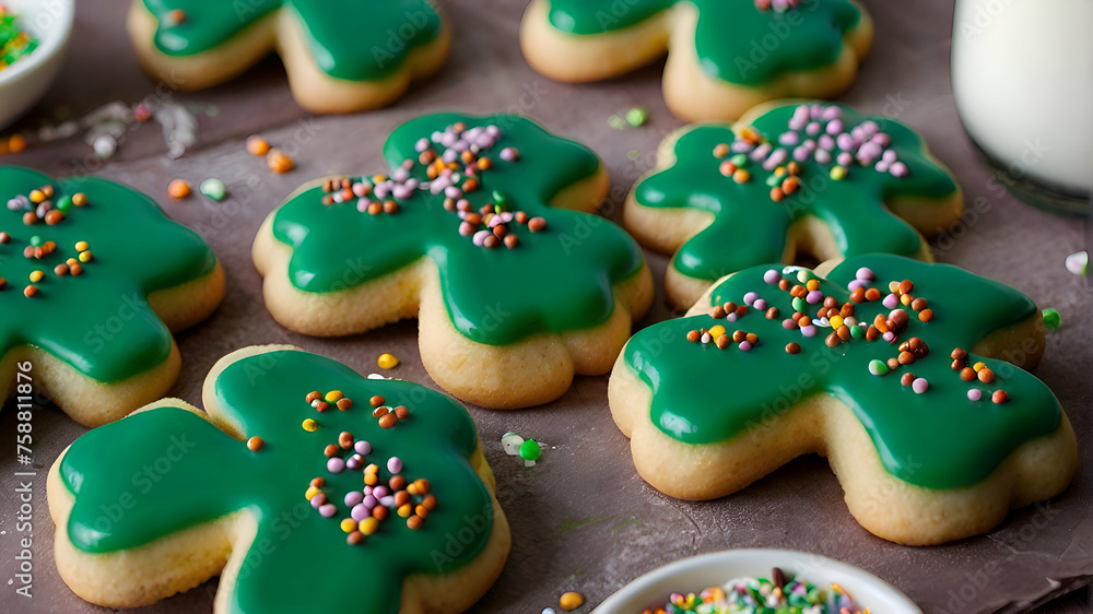 Shamrock cookies for Saint Patricks day with chocolate glaze and sprinkles Shamrock cookies for Saint Patricks day with chocolate glaze and sprinkles