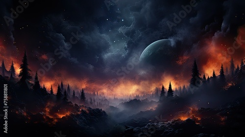 Fire in the Sky. Nebula Space  Blue and Orange light Glowing Smoke  Dramatic Sky  Colorful fantasy Background.