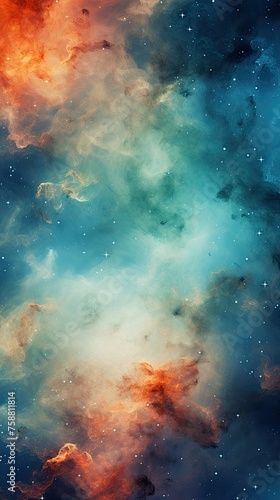 Fire in the Sky. Nebula Space, Blue and Orange light Glowing Smoke, Dramatic Sky, Colorful fantasy Background.