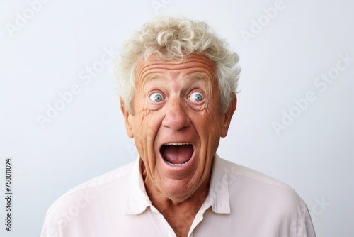 Surprised old man. Portrait of surprised senior man looking at camera while standing against grey background