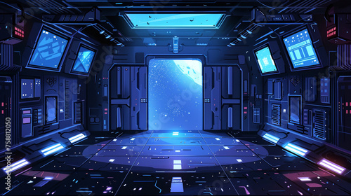 宇宙船の船内 青く輝くサイバーテックな光