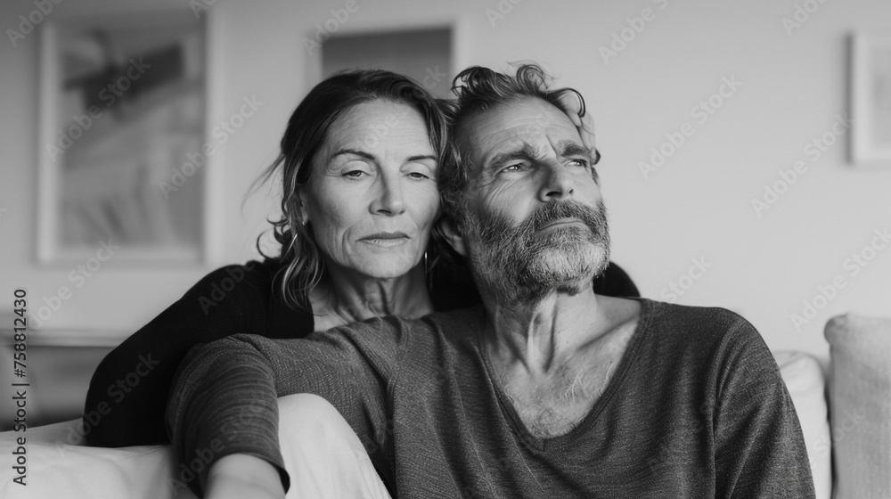 A couple of Middle age man and woman in distress looks stress and sad with problem issue black and white A couple of Middle age man and woman in distress looks stress and sad with problem issue black and white