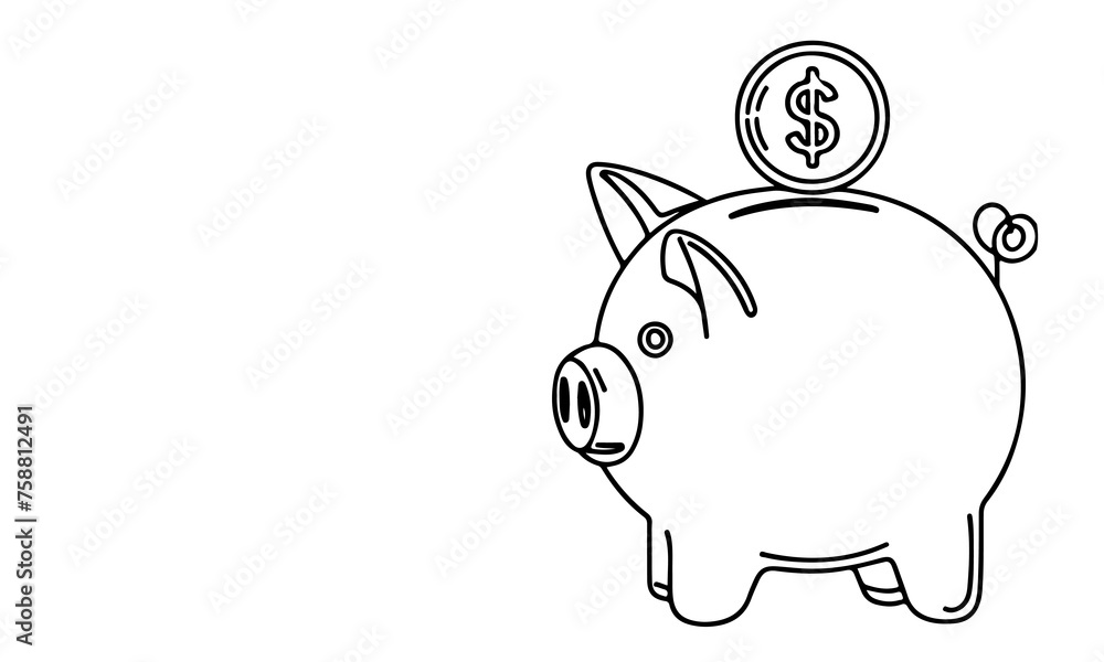 Obraz premium continuous one black line coins falling in Piggy bank doodle style vector illustration on white background