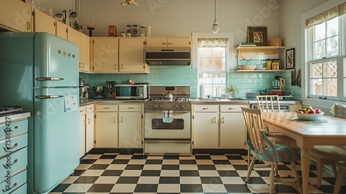 This interior design photo showcases a vintage kitchen in mid-century modern style, complete with retro appliances and a classic checkered floor, blending nostalgia with timeless elegance