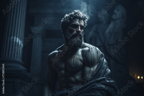 Mysterious ancient greek, roman male stoic statue, sculpture in dramatic lighting, shadows highlighting the impressive muscular build and classical beauty. 
