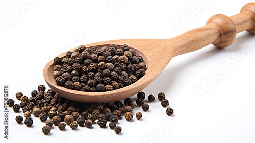  Black pepper, wooden spoon with black peppers on white background.