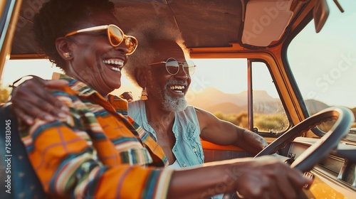 A joyful couple of two senior Africans relishing a holiday together while touring in a classic auto and space, Generative AI. photo