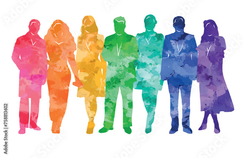 Group of people, silhouettes of men and women, passers-by, ladies and gentlemen, office workers, businessmen, business people. Colorful vector illustration.	
