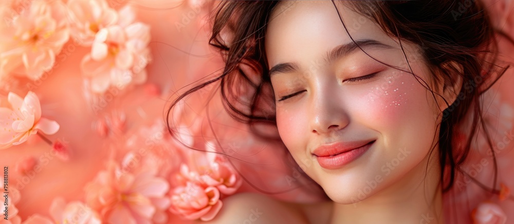 Beautiful asian woman face close up with pink flower background Beautiful asian woman face close up with pink flower background