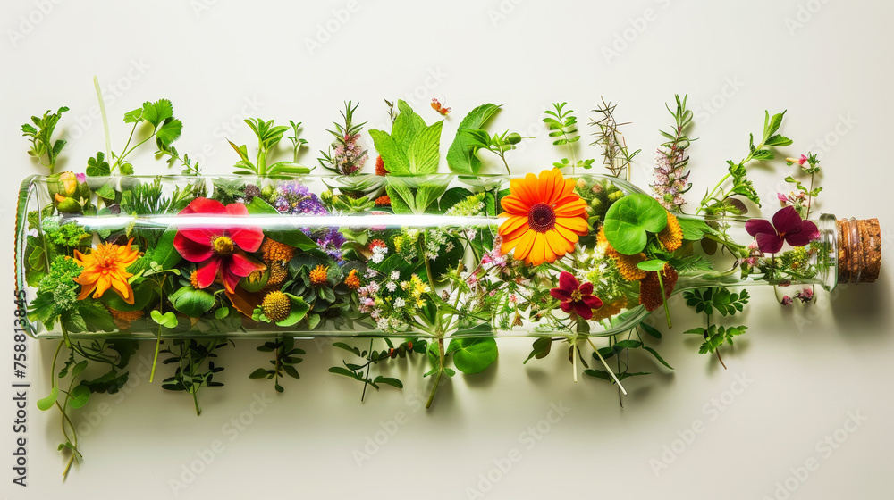 Variety of medicinal herbs and flowers in a bottle. Alternative herbal medicine. Homeopathic concept. Generative AI