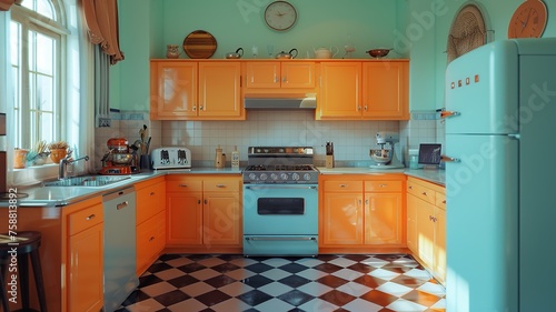 This interior design photo showcases a vintage kitchen in mid-century modern style, complete with retro appliances and a classic checkered floor, blending nostalgia with timeless elegance