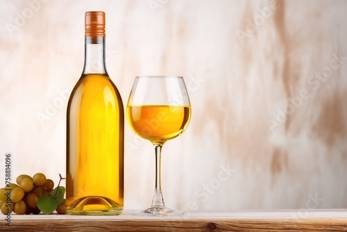 A bottle of fine white wine with a filled glass and a cluster of grapes, set on a wooden surface against a textured backdrop. Elegant White Wine Bottle and Glass Still Life