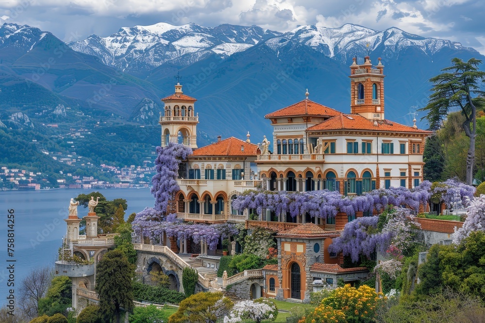 A majestic villa draped in purple wisteria, with snow-capped mountains and tranquil lake in the backdrop