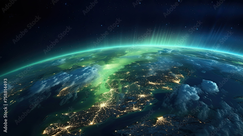Abstract Planet Earth Universe with City Lights Landscape Map. Northern Lights Aurora Borealis Illuminating the Night Sky Spectacular Satellite View. 