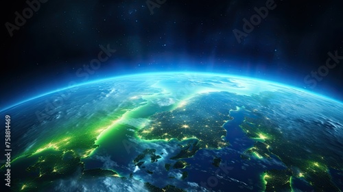 Abstract Planet Earth Universe with City Lights Landscape Map. Northern Lights Aurora Borealis Illuminating the Night Sky Spectacular Satellite View. 