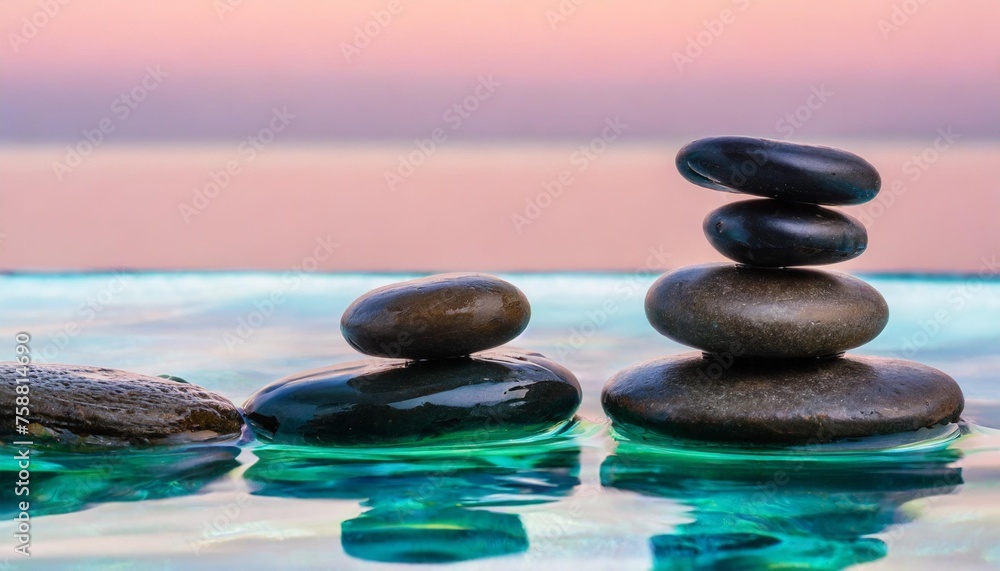 calm zen stones reflecting in turquoise water against the pink horizon with a blur background with copy space