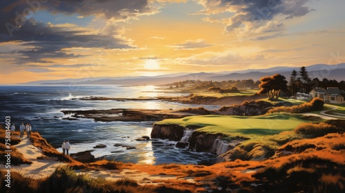 A serene sunset illuminating a lush golf course with vibrant colors and silhouettes of golf players