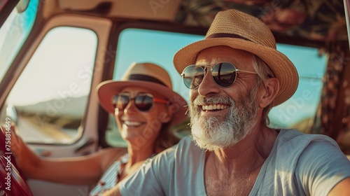 A joyful couple of two seniors relishing a holiday together while touring in a classic auto and space, Generative AI. © Soudagar