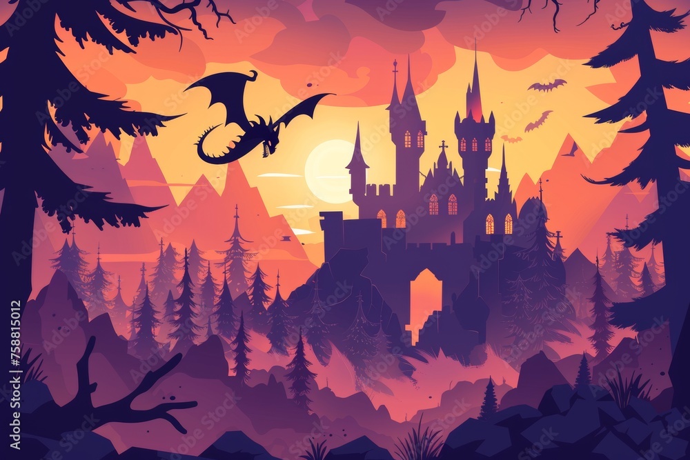 Black spooky castle with flying dragon in canyon with mountains and forest. Modern cartoon fantasy illustration with medieval palace with towers, creepy beast and rocks. Black spooky castle with flying dragon in canyon with mountains and forest. Modern cartoon fantasy illustration with medieval palace with towers, creepy beast and rocks.