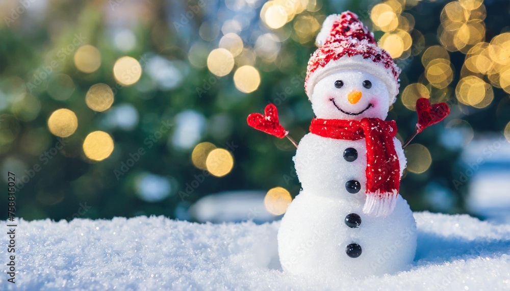 christmas and new year background christmas decoration with a cute cheerful snowman in the snow in a winter park with beautiful bokeh wallpaper background for ads or web design