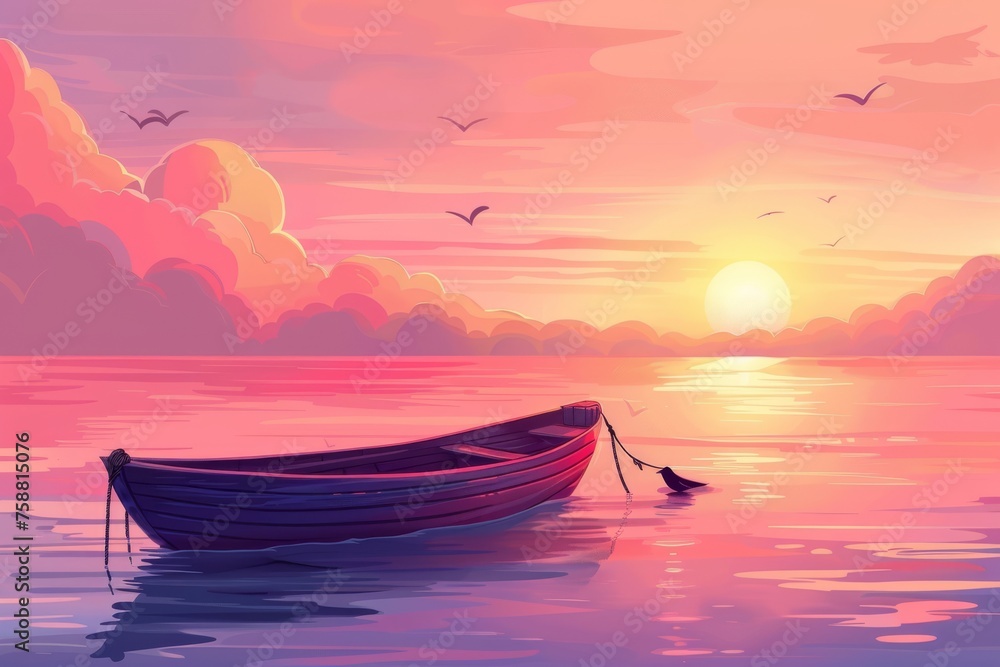 A beautiful sunrise seascape in the early morning with a skiff floating on calm water and birds flying in the pink sky. A cartoon illustration of a seascape with a wooden boat in the calm sea when