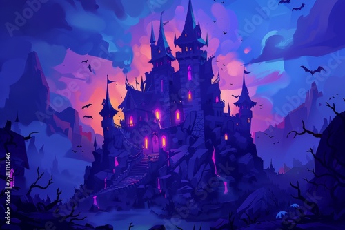 A creepy castle on a rock at night, a haunted gothic palace in the mountains with a pointed roof and glowing windows. Fantasia Dracula home in cartoon modern illustration.