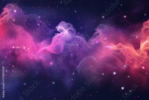 Modern illustration of dark night sky with pink and purple mist clouds, sparkles and glitter dust textures. Fantasy galaxy with smoke background.