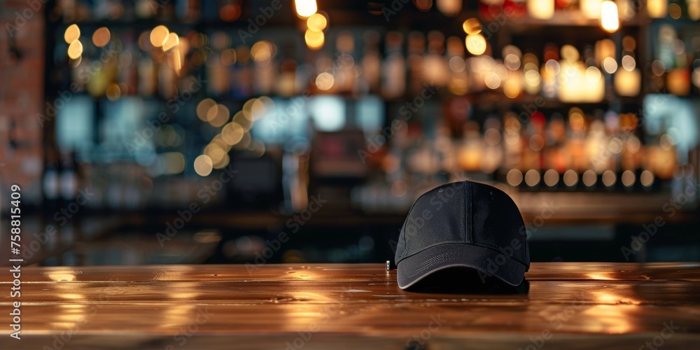 black cap on a wooden bar counter mockup Generative AI - obrazy, fototapety, plakaty 