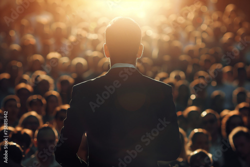 Backlit Portrait of a Confident Leader Addressing Crowd