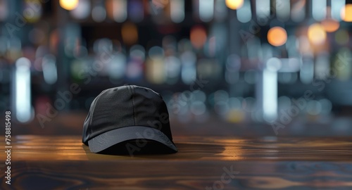 black cap on a wooden bar counter mockup Generative AI