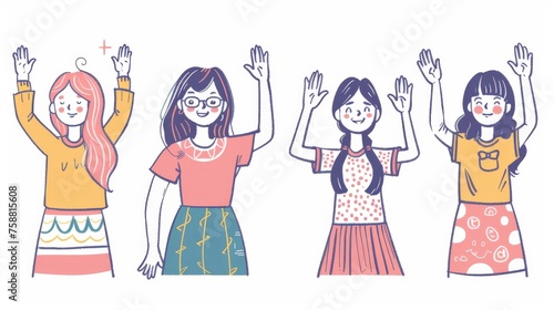 A doodle design illustration of girls taking various hand gestures. This is a hand-drawn style modern doodle design illustration.