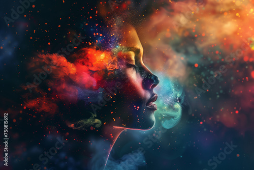 beautiful fantasy abstract portrait of a beautiful woman double exposure with a colorful digital paint splash or space nebula © Lucas