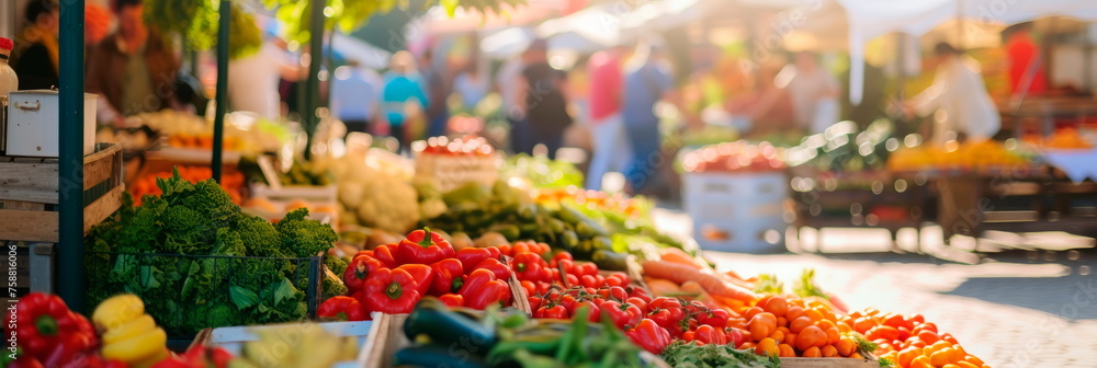 eco-conscious background featuring a bustling farmers' market with fresh produce, local goods, and reusable packaging, promoting sustainable and community-supported agriculture.