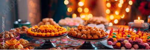 family gathering during Eid with delicious traditional Indian sweets and festive decorations. photo