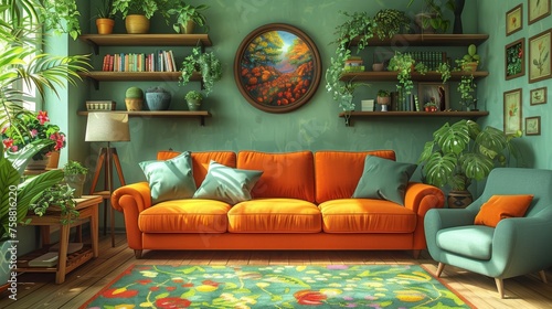 Typical spring interior with a sofa, armchair, bookshelves, and TV. Modern illustration of a lounge with a coffee table, carpet, floor lamp, and houseplants. © Mark