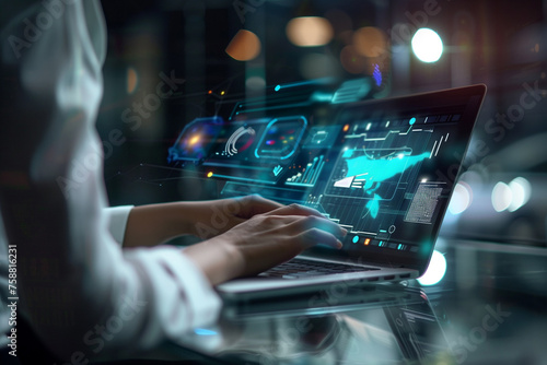 Data scientist Programmer using laptop analyzing financial data on futuristic virtual interface. Algorithm. Global business development strategy and planning digital technology photo