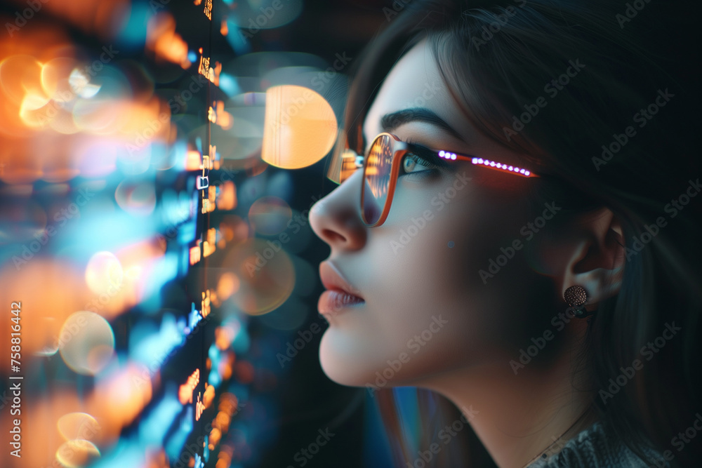 Futuristic software and hardware  coding hologram serious concentrated attractive woman thinking about data analytics digital technology. Programmer programming cybersecurity research and IT - obrazy, fototapety, plakaty 