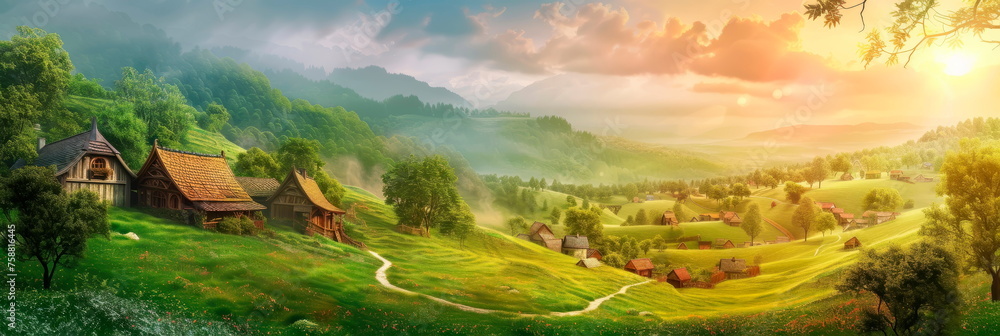 Fototapeta premium watercolor village nestled in rolling hills, with tiny cottages and winding paths.