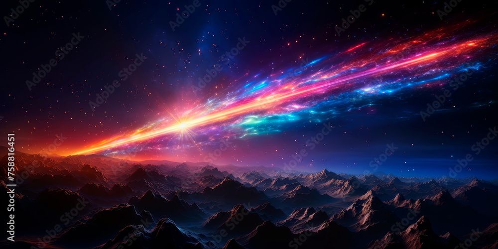 A comet streaking through space, leaving a luminous rainbow trail as it travels among the stars.