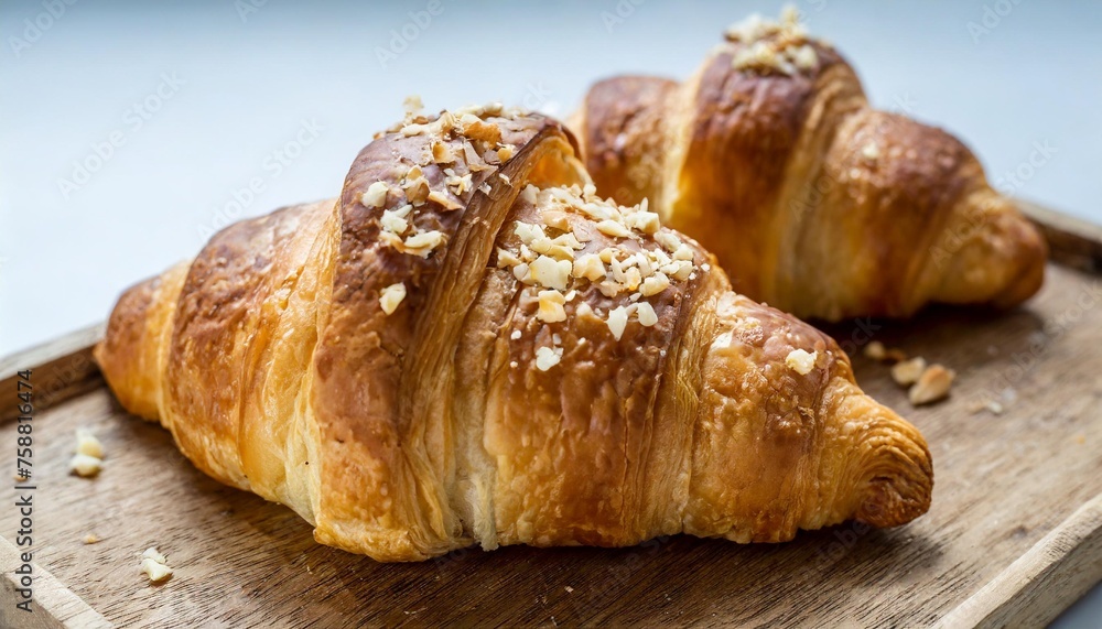 breakfast croissants with crumbs on white background freshly baked with butter and nuts
