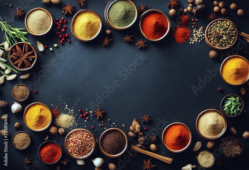 Cooking nd seasoning spices border on black slate background stock photoBackgrounds Food Spice Ingredient Cooking photo