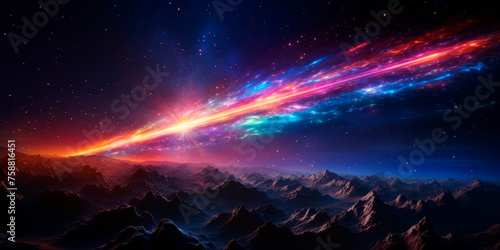 A comet streaking through space, leaving a luminous rainbow trail as it travels among the stars. © Maximusdn