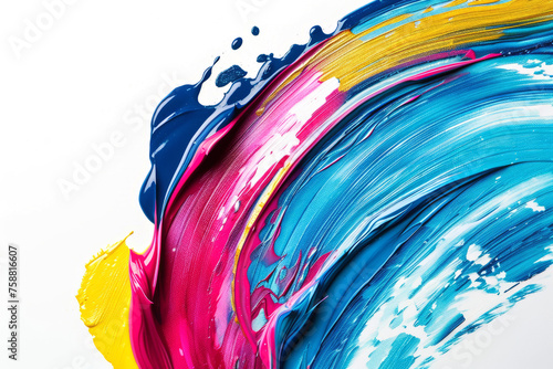 Highlight the dynamic blending of hues and brushstroke patterns in a close-up of colorful acrylic paint mixing on a white surface, portraying an impressionist style.