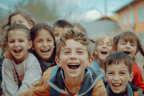 Group of diverse cheerful fun happy multiethnic children outdoors at the schoolyard