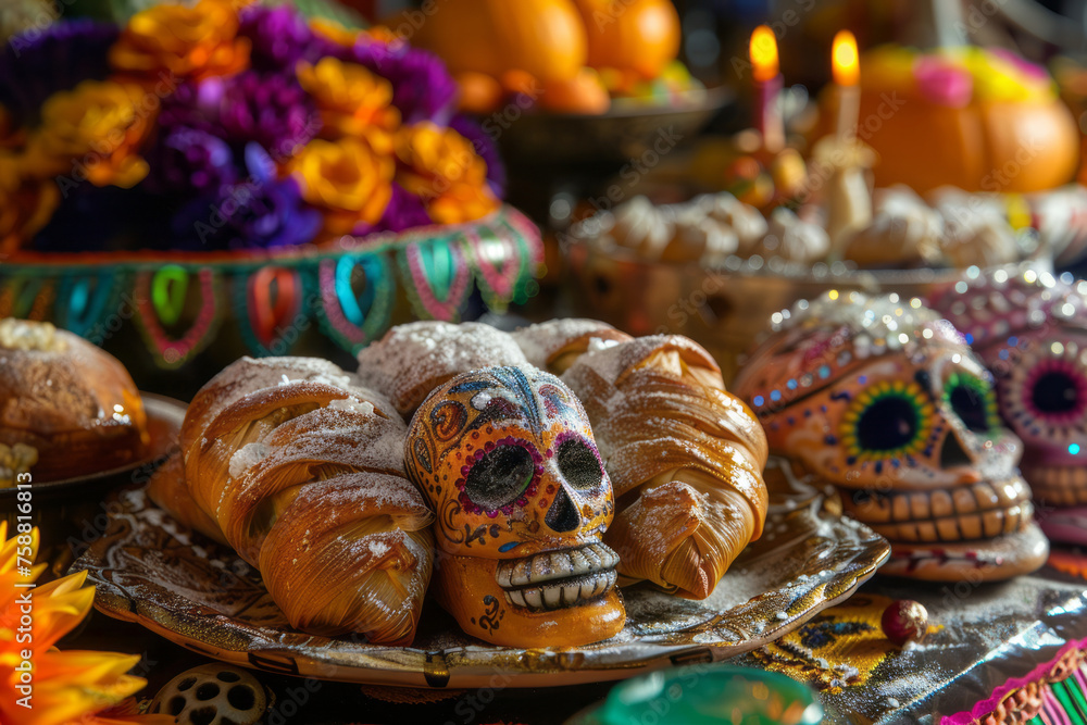 Festive table displaying traditional Mexican dishes like tamales, pan de muerto, and skulls Festive table displaying traditional Mexican dishes like tamales, pan de muerto, and skulls