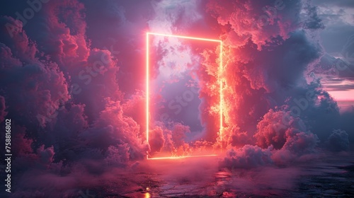 Rectangular neon frame with smoke on water surface. Rectangular glowing border with magic light among soft clouds. Purple portal with bright flares and sparkles. Stunning abstract 3D background.