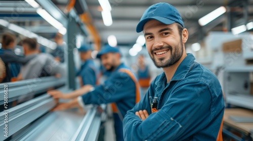 Smiling worker in blue uniform during furniture assembly process in a factory setting photo