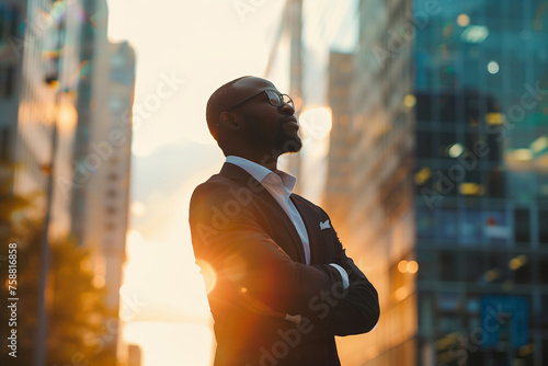 Happy wealthy rich successful black businessman standing in big city modern skyscrapers street on sunset thinking of successful vision dreaming of new investment opportunities.