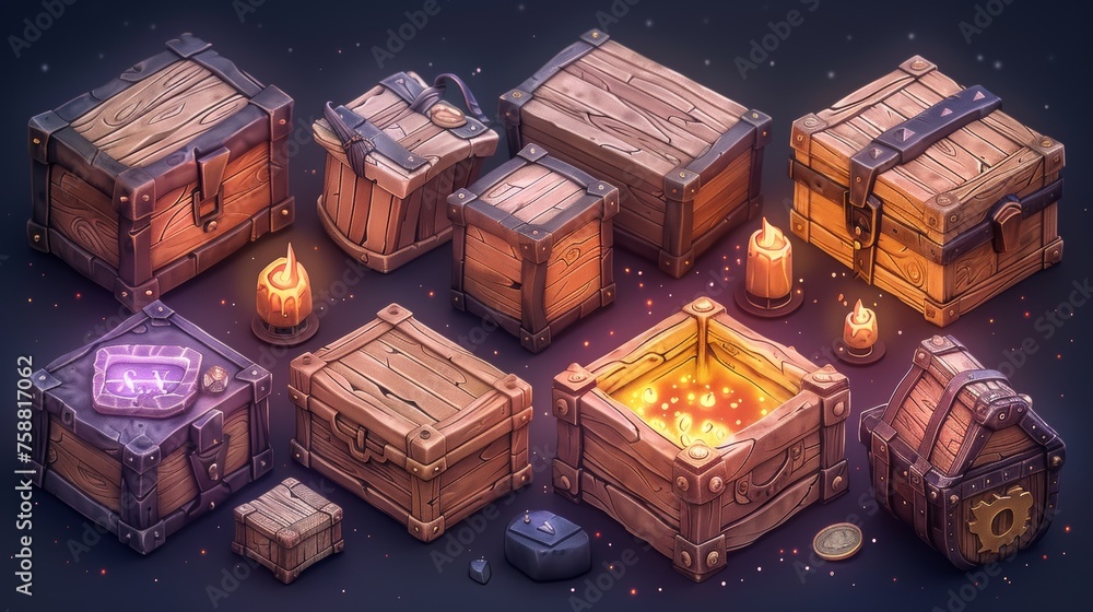 For game GUI design, Isometric wooden boxes with signs and magic light ...