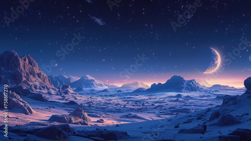 This is a space background with a landscape of an alien planet with craters and cracks. This is a modern cartoon fantasy illustration of a blue galaxy sky with a gas giant and the moon, along with